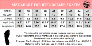 BTFLstore.com sizing chart for BTFL roller skates