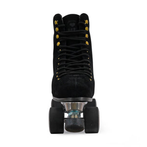 BTFL Faya Pro Skate front shot with aluminum plate, adjustable toe stop. Wheels have gold palm trees. Eyelets are gold