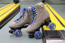 BTFL Tony Pro Genuine Suede Artistic Grey taupe roller skate available at BTFLStore.com skee ball Blue wheels